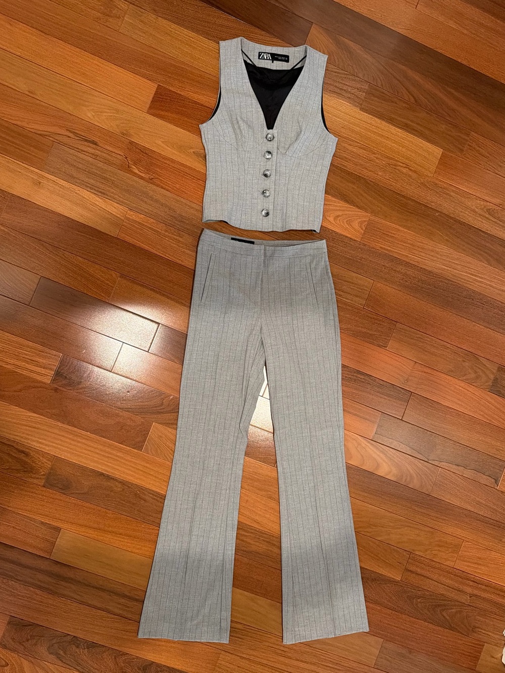 Zara Light Gray Pinstripe Vest Top and Pants Two-Piece Set Size XS